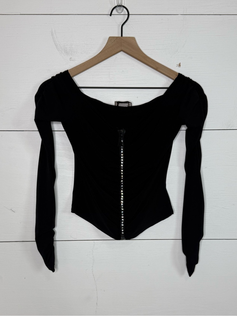 Luly K • 90s Y2K Black Long-Sleeve Rhinestone Zip Crop Top Size Medium